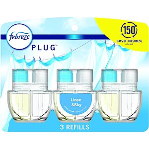 3-Count Febreze Odor-Fighting Fade Defy Plug in Air Freshener Refills (Linen & Sky or Gain Original) $9.05 w/ S&S + Free Shipping w/ Prime or on $35+