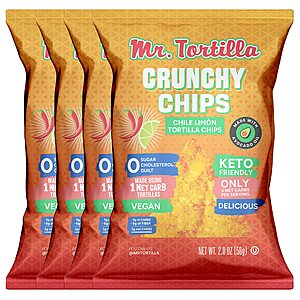 Mr. Tortilla's Crunchy Tortilla Chips - Keto-Friendly Vegan - 3 Net Carbs Per Serving, Crisps Cooked In Avocado Oil 2oz Bags, 4-Pack (Chile Limon)~$10.94 @ Amazon~Free Prime Ship!