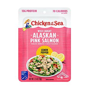 Chicken of the Sea Wild Caught Alaskan Pink Salmon with Lemon Pepper, 2.5 oz. Packet (Box of 12)~$9.03 @ Amazon~Free Prime Shipping!