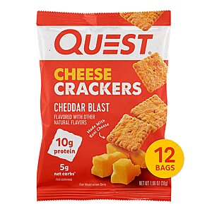 Quest Nutrition Cheese Crackers, Cheddar Blast, High Protein, Low Carb, Made with Real Cheese, 12 Count (1.06 oz bags)~$13.65 @ Amazon~Free Prime Shipping!