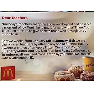 YMMV: McDonald's offering Northeast teachers free coffee and baked good