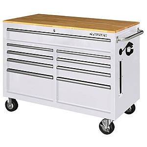 Husky 46 in. W x 24.5 in D Standard Duty 9-Drawer Mobile Workbench Tool Chest with Solid Wood Top in Gloss White - $398