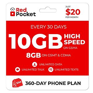 $15.83/Mo Red Pocket Prepaid Plan: UnImtd Everything, GSMA 10GB(GSMT & CDMA 8GB) $189.99