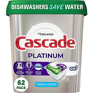 62-Count Cascade Platinum + Oxi Dishwasher ActionPacs Pods (Fresh Scent) $14.70 w/ Subscribe & Save