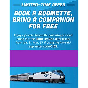 Amtrak Roomettte Flash Sale - Buy One Get Companion Fare For Free Select Long Distance Routes - Book by December 3, 2023