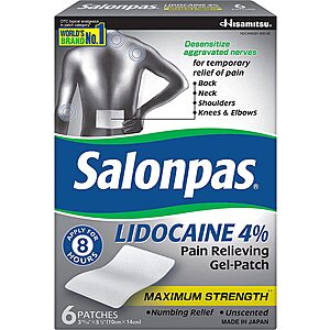Salonpas 4% Lidocaine Pain Relieving Gel-Patch Large, 6 count $6.08 at Amazon