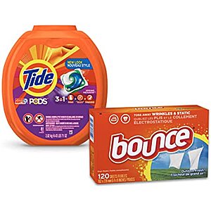 81-ct. Tide PODS HE Turbo Pacs (Spring Meadow) + 120-Ct Bounce Dryer Sheets $9.75 for Select Accts + Free Pickup