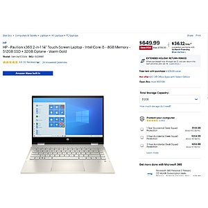 $649.99  HP - Pavilion x360 2-in-1 14" Touch-Screen Laptop - 11th gen Intel Core i5 - 8GB Memory - 512GB SSD + 32GB Optane - Warm Gold