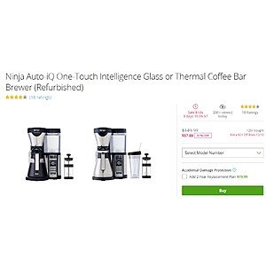 Ninja Auto-iQ One-Touch Intelligence Glass or Thermal Coffee Bar Brewer (Refurbished) $57.99