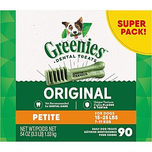 Select Amazon Accounts: Greenies Original Dog Dental Treats: 192-Ct Teenie $14.89, 34-Ct Large $14.97, 90-Ct Petite $14.10 w/ S&S