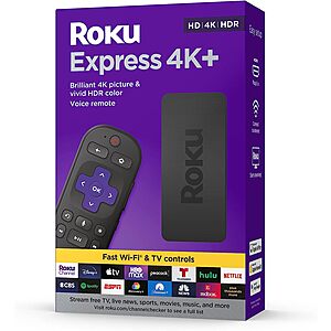 Roku Express 4K+ Streaming Player HD/4K/HDR with Roku Voice Remote with TV Controls, Premium HDMI Cable, $27.00