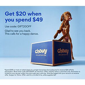 Select Chewy Accounts: 30% Off, 50% Off, Kong Buy 1 Get 1 Free, Stacking with $20 Off $49+ + Free S&H on $49+