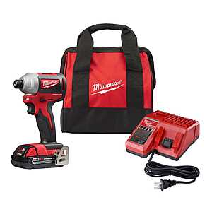 Milwaukee M18 18V Lithium-Ion Compact Brushless Cordless 1/4 in. Impact Driver Kit W/ (1) 2.0 Ah Battery, Charger & Tool Bag, $99.00