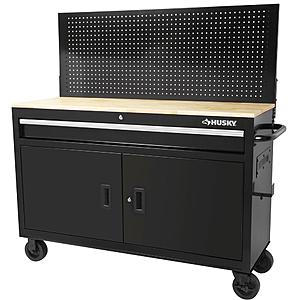Husky 52 in. W x 18.7 in. D 1-Drawer 2-Door Tool Chest Mobile Workbench with Solid Wood Top and Flip-up Pegboard. YMMV $148