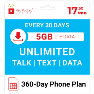 360-Day Red Pocket Prepaid Plan: Unlimited Talk/Text & 5GB LTE/month $200 + Free S/H