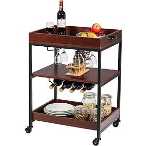 3-Tier Wood & Metal Rolling Kitchen Cart w/ Glasses Holder and Wine Bottle Rack w/ Casters $35.69 + Free Shipping