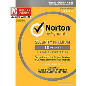 Symantec Norton Security Premium: 10-Devices/12-Month (PC/Mac Digital) $28