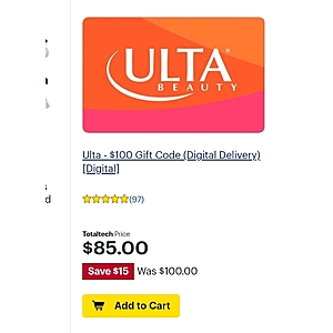 $100 Ulta gift card for $85 (Best Buy TT Members Only)