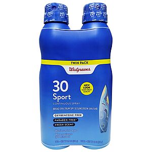 2-Count 5.5-Oz Walgreens Sport SPF 30 Spray Sunscreen 4 for $32.36 ($8.09 each, $4.05 per bottle) + $10 Walgreens Cash, More + Free Store Pickup at Walgreens or FS on 35+