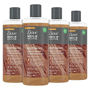 4-Count 18-Oz Dove Men+Care Restoring Body Wash (Sandalwood + Cardamom Oil) $17.83 ($4.46 each) w/ Subscribe & Save + Free Shipping w/ Prime or $25+