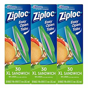 90-Count Ziploc XL Sandwich Bags for $6.28 with Coupon and S&S via Amazon - and more.
