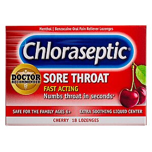18-Count Chloraseptic Sore Throat Lozenges (Cherry) $3.97, 18-Count Chloraseptic Warming Sore Throat Lozenges (Real Honey Lemon) $4.41 + Free Shipping w/ Prime or $35+