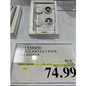4-Pack Apple AirTag $74.95 at Costco (in store) YMMV