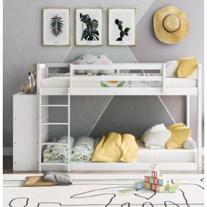 White Twin over Twin Wood Bunk Bed with Attached Cabinet and Storage Shelves - $538.29 + FS