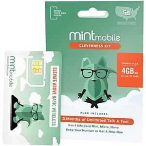 3-Month Mint Mobile Wireless Unlimited Talk/Text w/ 4GB Data Phone Plan Kit $22.50 (New Mint Customers Only)
