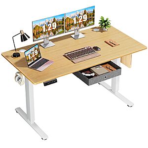 Sweetcrispy Electric Standing Desk Adjustable Height, 55 x 24 inch Stand up Sit Stand Desk with Drawers, Ergonomic Home Office Rising Table , Oak $98