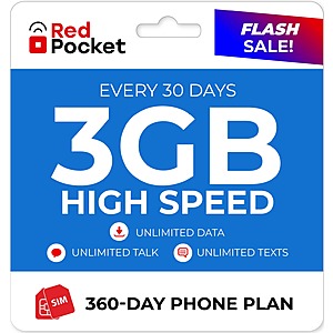 360-Day Red Pocket Prepaid Plan: Unlimited Talk & Text + 3GB LTE Data / Month $168 + Free Shipping