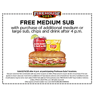 Firehouse Subs Coupon: Free Medium Sub w/ Purchase of Medium / Large Sub, Drink & Chips after 4pm on February 14th