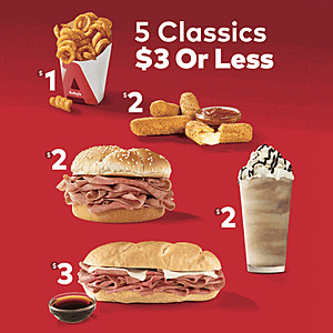 Arby's: Classic French Dip & Swiss $3, Regular Jamocha Shake $2, Small Curly Fries $1 & More (Online or App Orders)