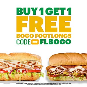 Select Subway Restaurants: Buy One Footlong Sub, Get One Footlong Sub Free (Online/App Orders, thru 5/13/24)