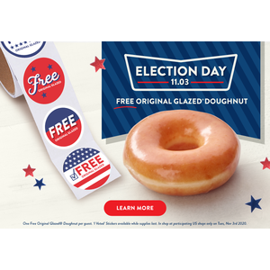 Krispy Kreme: Free Glazed Doughnut + "I Voted" Sticker on Nov 3rd (Election Day)