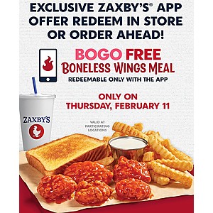Zaxby's: Buy 1, Get 1 Free Boneless Wings Meal Offer via Mobile App on February 11th