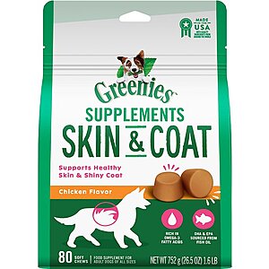 Chewy 50% Off First Order Greenies Dog Supplements: 80-Ct Greenies Skin & Coat Supplement for Dogs 2 for $28.45 w/ Autoship + Free Shipping & More