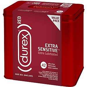 Condoms, Natural Lubricated Latex, Extra Sensitive, Ultra Fine, Durex RED 42 Count, HSA Eligible $13.99