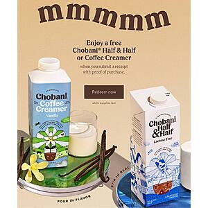 Chobani Half & Half or Coffee Creamer Offer Free after Proof of Purchase/Receipt Submission