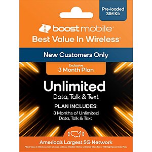 BestBuy Clearance: Boost Mobile - 3 Months Unlimited Plan SIM Card Kit - New Customers $36.99