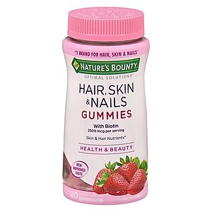 80-Count Nature's Bounty Optimal Solutions Hair, Skin & Nails Health w/ Biotin Dietary Supplement Gummies (strawberry) 4 for $12.58 ($3.14 each) + Free Store Pickup at Walgreens