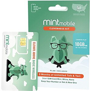 3-Month Mint Mobile Wireless Unlimited Talk/Text w/ 10GB Data Phone Plan Kit $30 + Free S/H