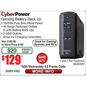 CyberPower GX1325U UPS Gaming Battery Back Up Pure Sine Wave $129 AC @Frys (4/3)