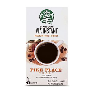 8-Pk 0.11oz Starbucks VIA Medium Roast Instant Coffee Packets (Pike Place Roast) $4 w/ Subscribe & Save