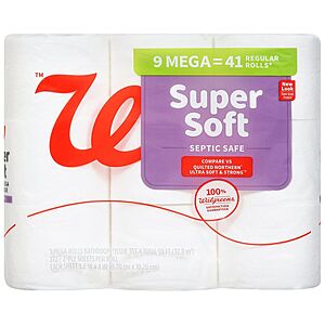 Five Walgreens Mega Super Soft Bathroom Tissue 9 rolls with WAG20