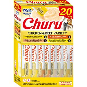 20-Ct 0.5-Oz INABA Churu Squeezable Purée Cat Treats (Chicken & Beef Variety Pack) $7.65 w/ Subscribe & Save