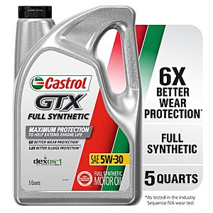 5-Qt Castrol GTX Full Synthetic Motor Oil (5W-20) $22.75 & More w/ Subscribe & Save