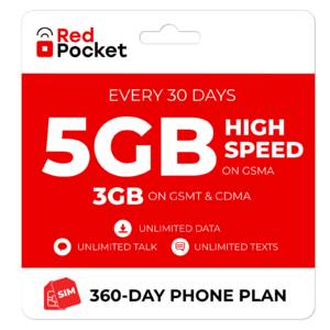 360-Day Red Pocket Prepaid Plan: Unlimited Talk & Text + 5GB (GSMA) LTE / Month $156 & More + Free Shipping