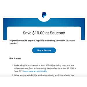PayPal email: Get $10.00 off at Saucony
