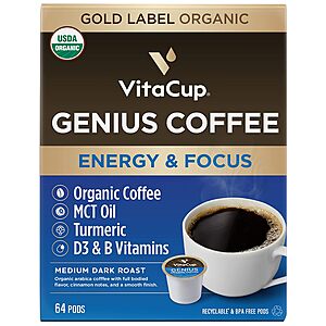VitaCup Coffee Blends 35% off Sale: 64-Count Pods (Various Flavors) $57.17, 10-Count Instant (Various Flavors) $11.69 & More + Free Shipping w/ Prime or on $35+